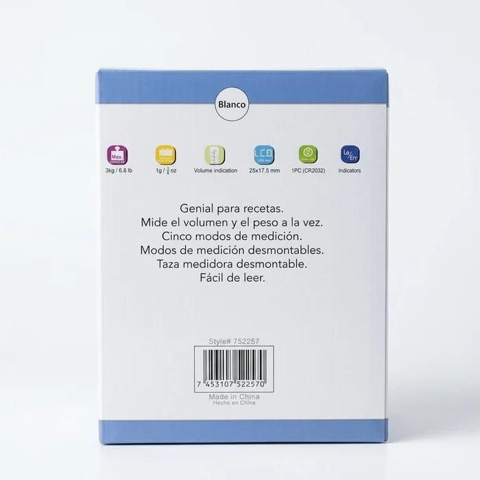 Enhanced Side view of Kennedy Measuring Cup Scale box with icons and specifications in Spanish