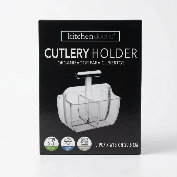 Enhanced Box of Kitchen Details clear cutlery holder with product branding and features
