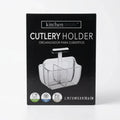 Enhanced Box of Kitchen Details clear cutlery holder with product branding and features