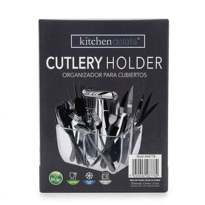 Enhanced Box showing clear cutlery holder filled with various utensils and BPA-free label