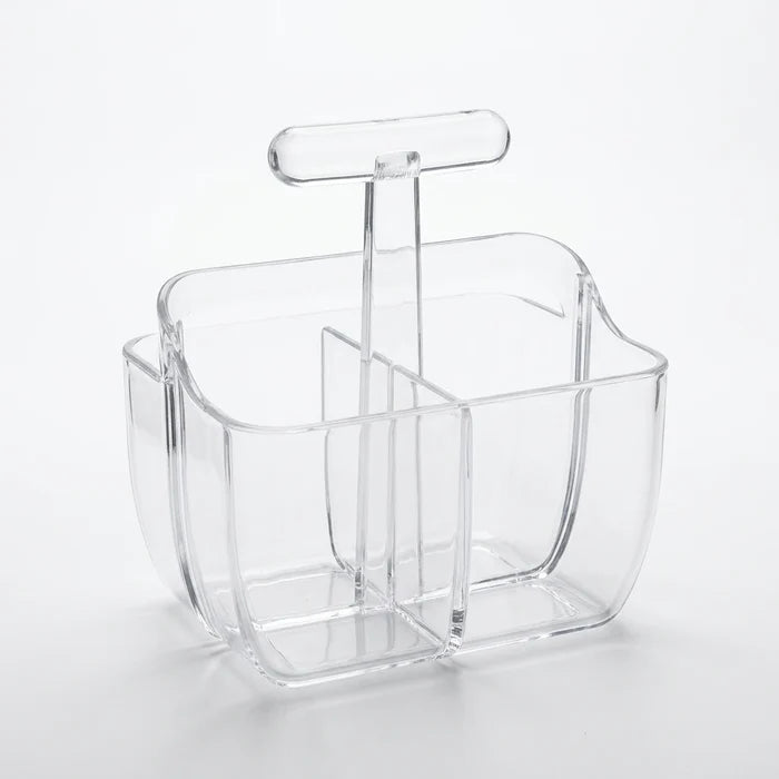 Enhanced Clear plastic cutlery holder with four compartments and handle on display
