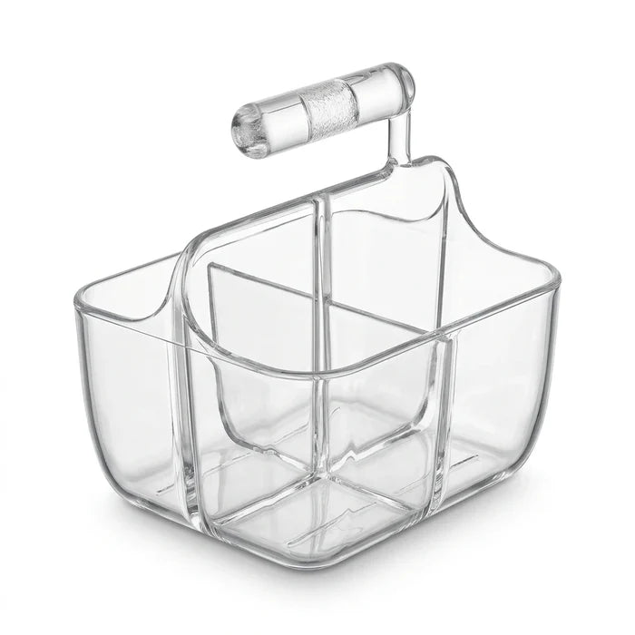 Enhanced Top-down view of clear cutlery holder showing four compartments and central handle
