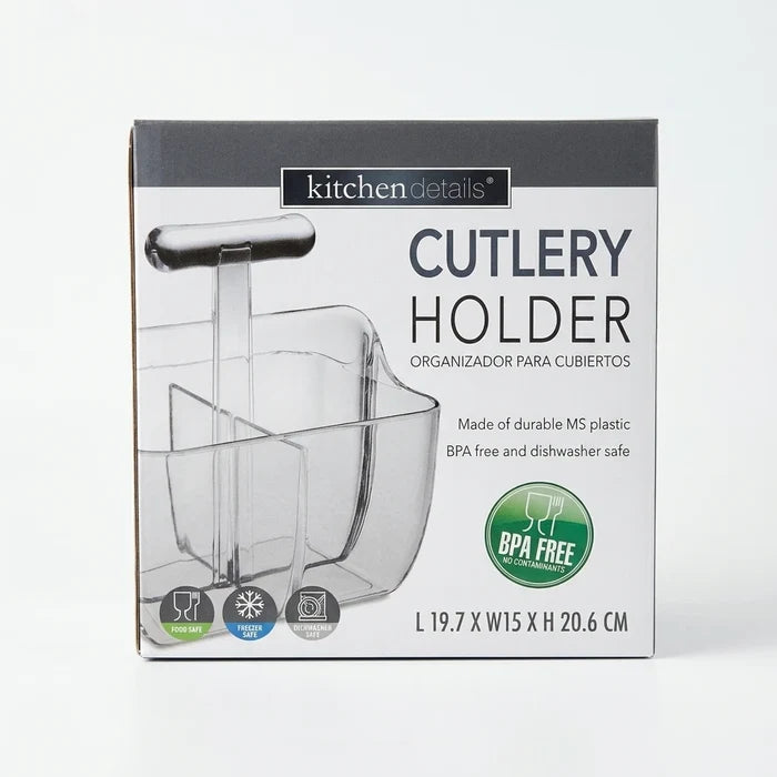 Enhanced Box of BPA-free clear cutlery holder highlighting durable MS plastic and product dimensions