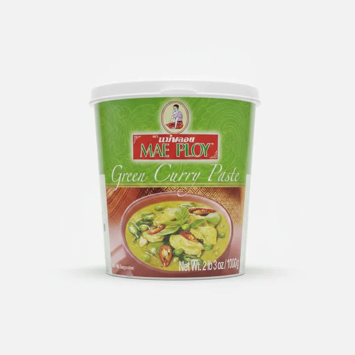 A polished retail e-commerce product photo of Mae Ploy Green Curry Paste in a 2lb container, centered on a clean white background with soft studio lighting and shadow.