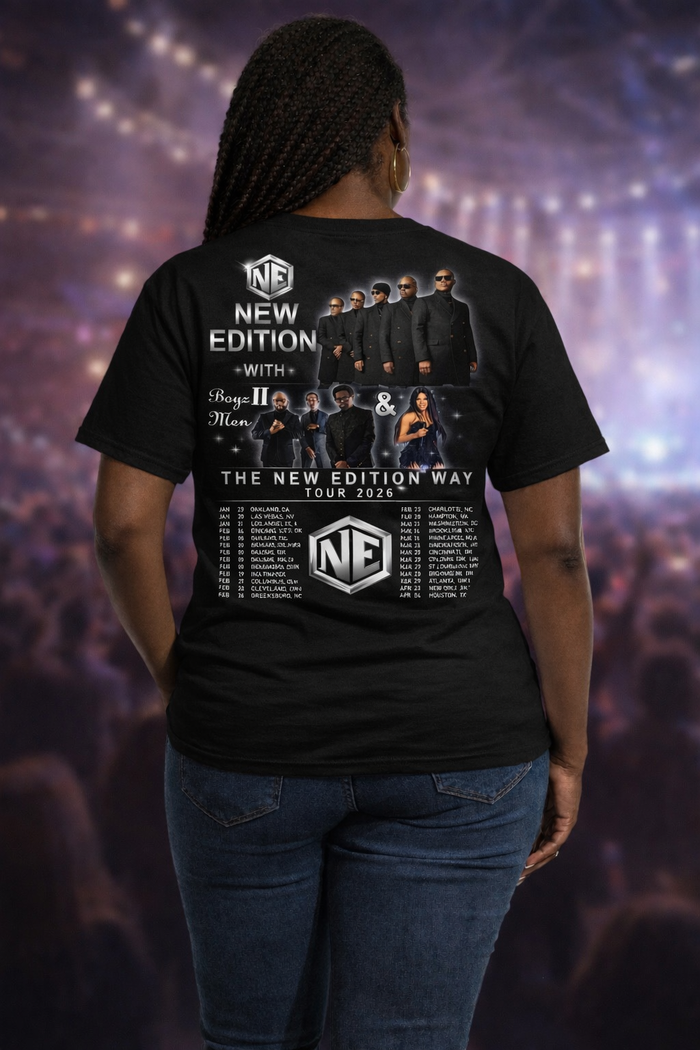 New Edition city list concert shirt with 2026 tour dates
black New Edition tour tee with back city list graphic