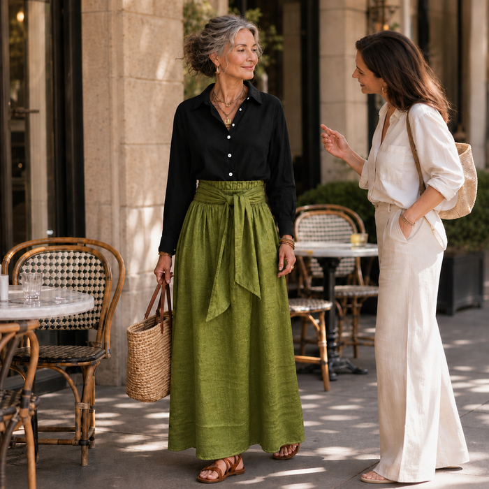 Olive & Onyx – Button Shirt And Tie-Waist Midi Skirt Set