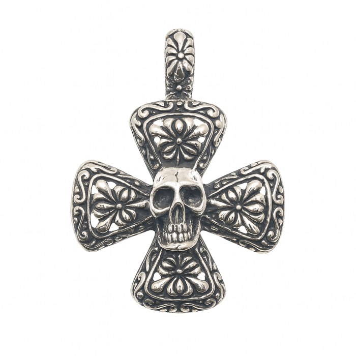Oxidized 925 Sterling Silver Gothic Skull Cross 32mm Pendant - OXP00072