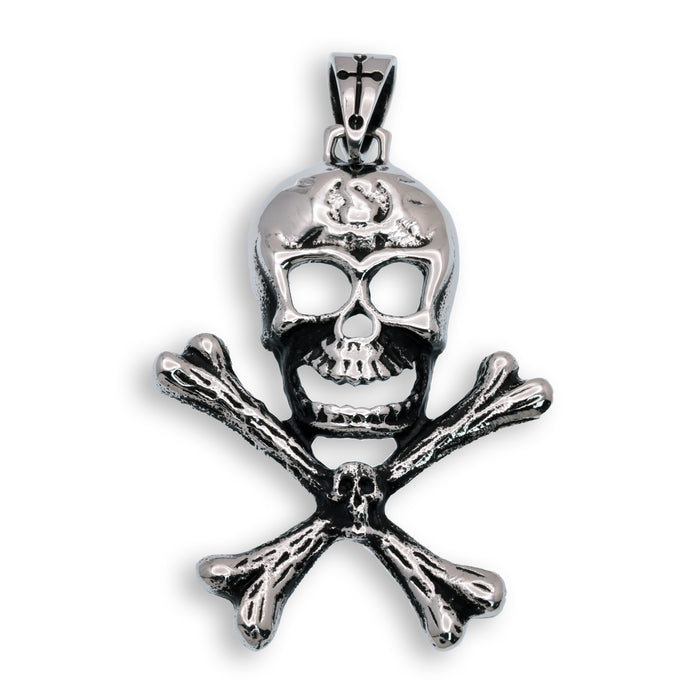 Oxidized Rhodium Stainless Steel Scull and Cross Bones Pendant - SSP00387