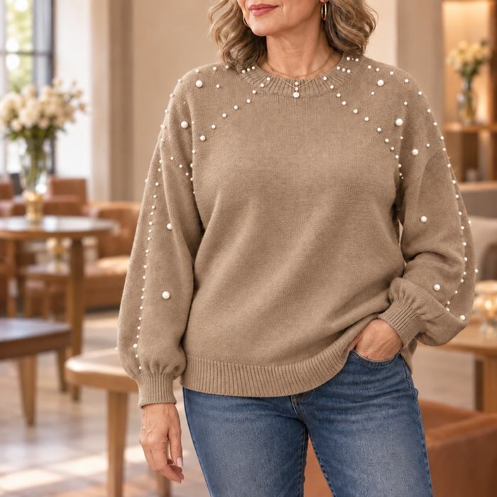 Pearla – Faux Pearl Sleeve Crew-Neck Sweater