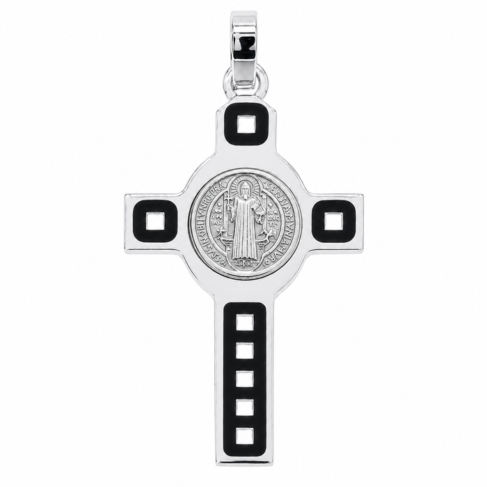 Plated 925 Sterling Silver Saint Benidict Medallion Cross Pendant - ARP00034