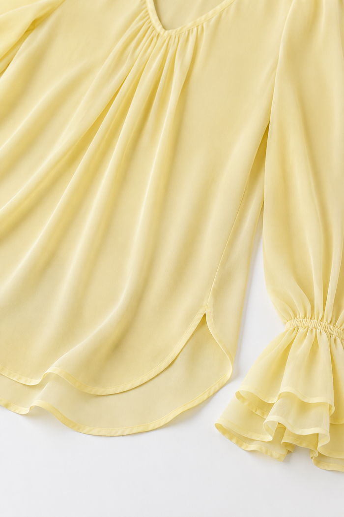 Pleatrelle – V-Neck Pleated Blouse With Ruffled Cuffs