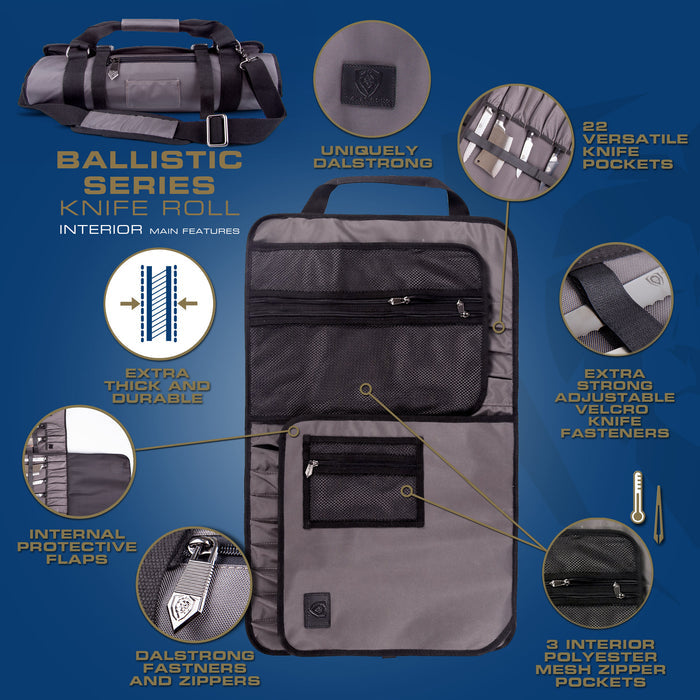 Dalstrong ballistic series graphite black knife roll showcasing it's interior main design.