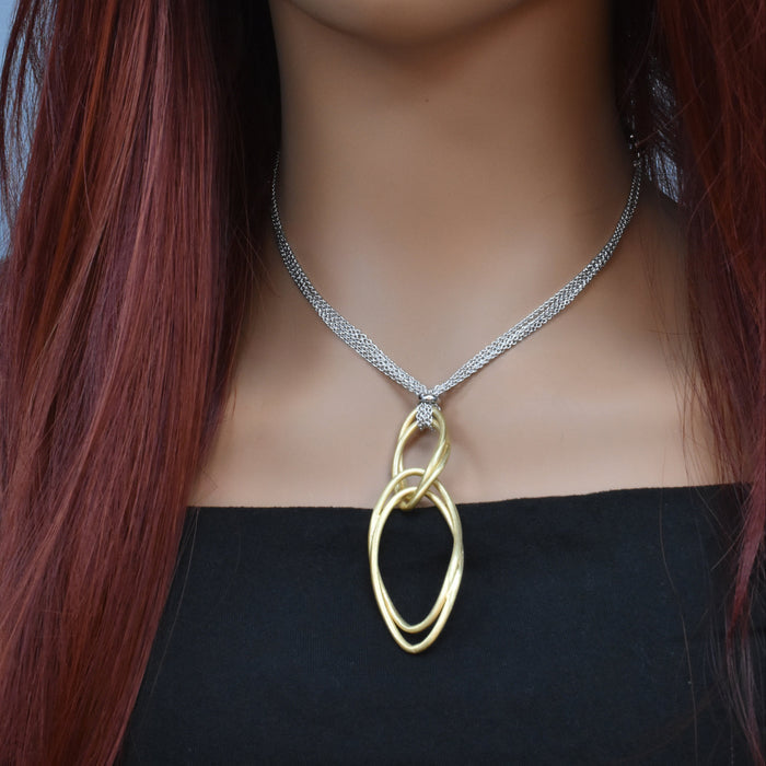 Rhodium and Gold Plated 925 Sterling Silver Italian Twisted Oval Dangle Necklace - ITN00007