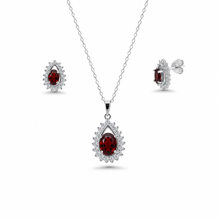 Rhodium Plated 925 Silver Colored CZ Birthstone Tear Drop Cluster Earring and Necklace Set - BGS00363 | Silver Palace Inc.