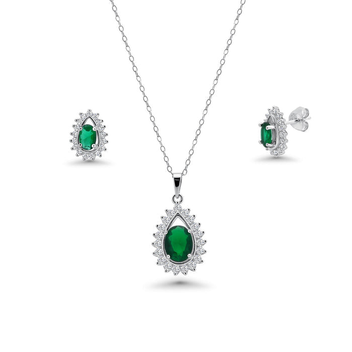 Rhodium Plated 925 Silver Colored CZ Birthstone Tear Drop Cluster Earring and Necklace Set - BGS00363 | Silver Palace Inc.