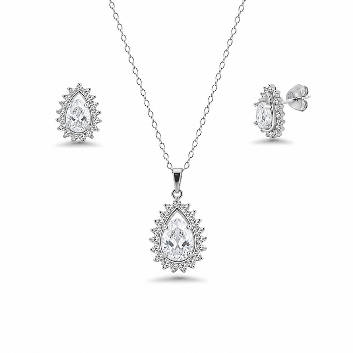 Rhodium Plated 925 Silver Colored CZ Birthstone Tear Drop Cluster Earring and Necklace Set - BGS00363 | BGS00364 | BGS00366 |BGS00367