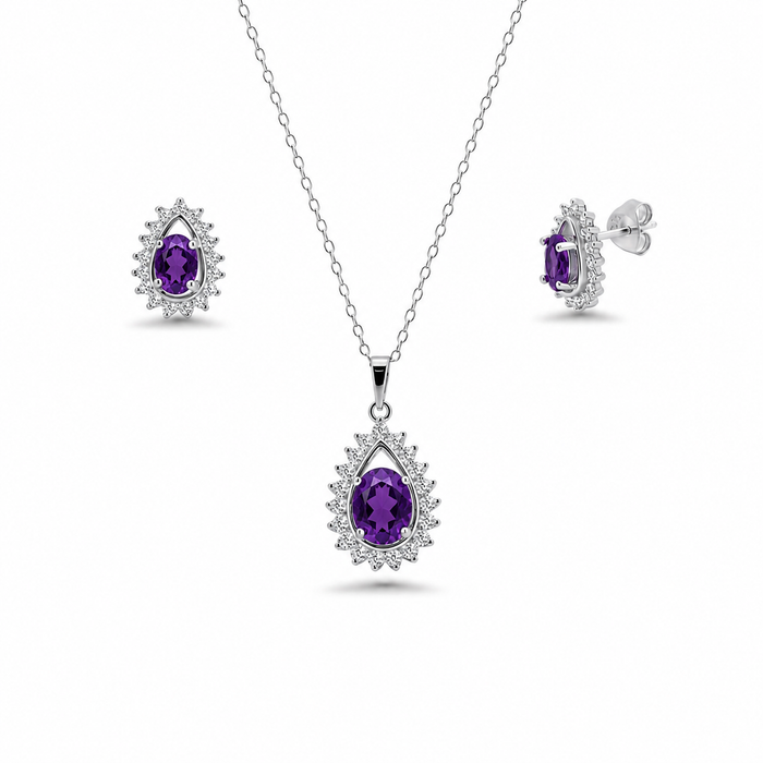 Rhodium Plated 925 Silver Colored CZ Birthstone Tear Drop Cluster Earring and Necklace Set - BGS00363 | BGS00364 | BGS00366 |BGS00367