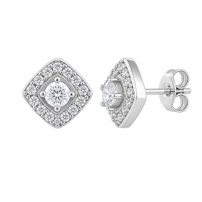 Rhodium Plated 925 Silver CZ Square Cluster Earrings - BGE00434