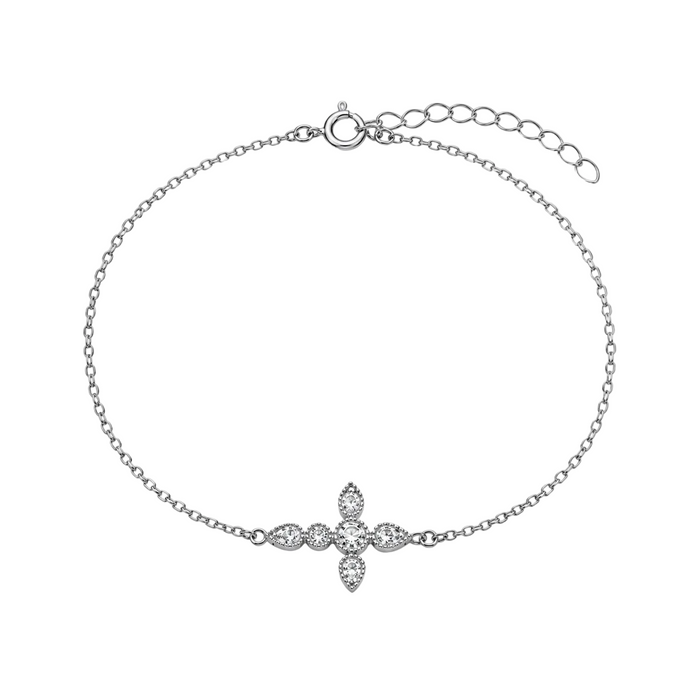 Rhodium Plated 925 Sterling Silver Dainty CZ Side Cross Bracelet - STB00628