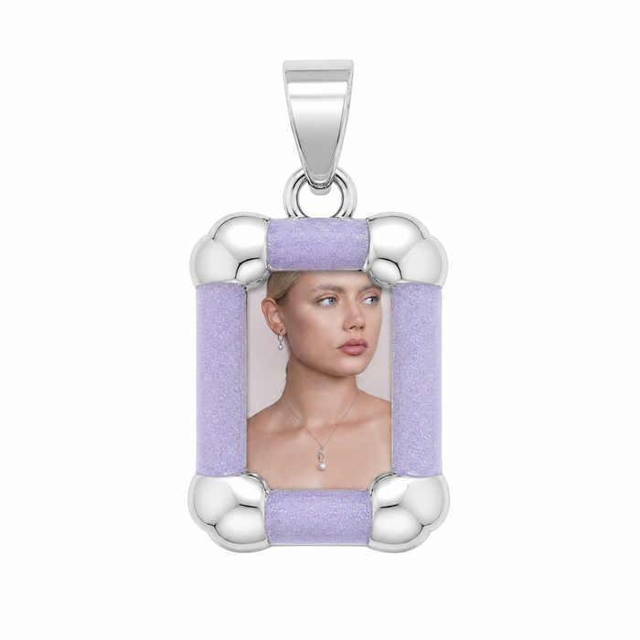 Rhodium Plated 925 Silver Dainty Purple Glitter Enamel Picture Frame Charm Pendant - SPP00083