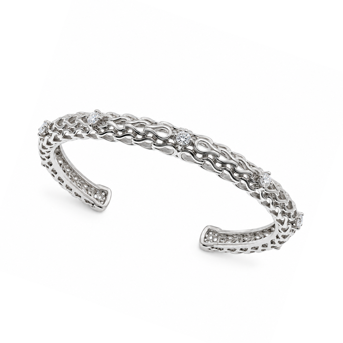 Rhodium Plated 925 Silver Filigree CZ Cuff Bangle Bracelet - STB00190