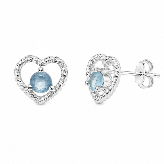 Rhodium Plated 925 Silver Twisted Heart Outline with Blue CZ Earrings - STE00111 | Silver Palace Inc.