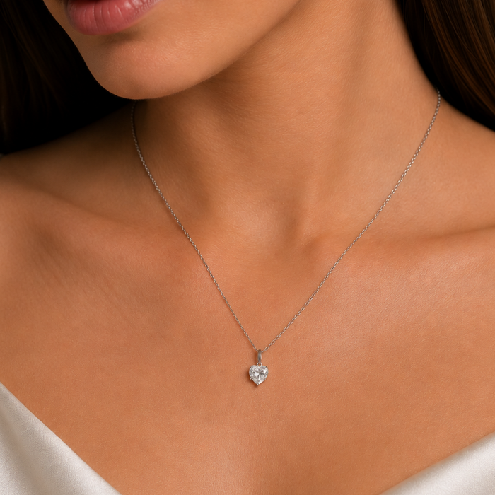 Rhodium Plated 925 Sterling Silver 0.8 Carat Solitaire Heart  Adjustable Pendant Necklace - MDGP00007