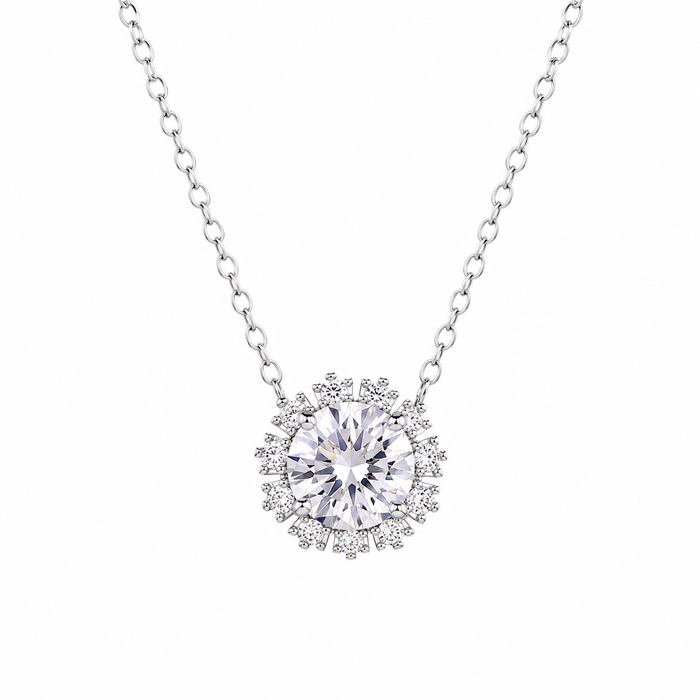 Rhodium Plated 925 Sterling Silver 1 Carat Solitaire Flower Moissanite Adjustable Pendant Necklace - MDGP00006