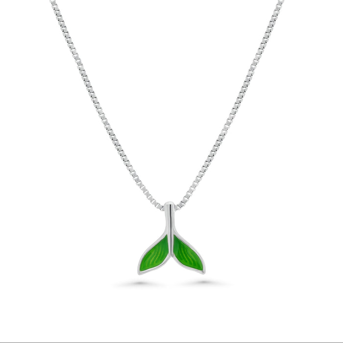 Rhodium Plated 925 Sterling Silver 10mm x 10mm Green Whale Tail Adjustable Necklace - TGN00007