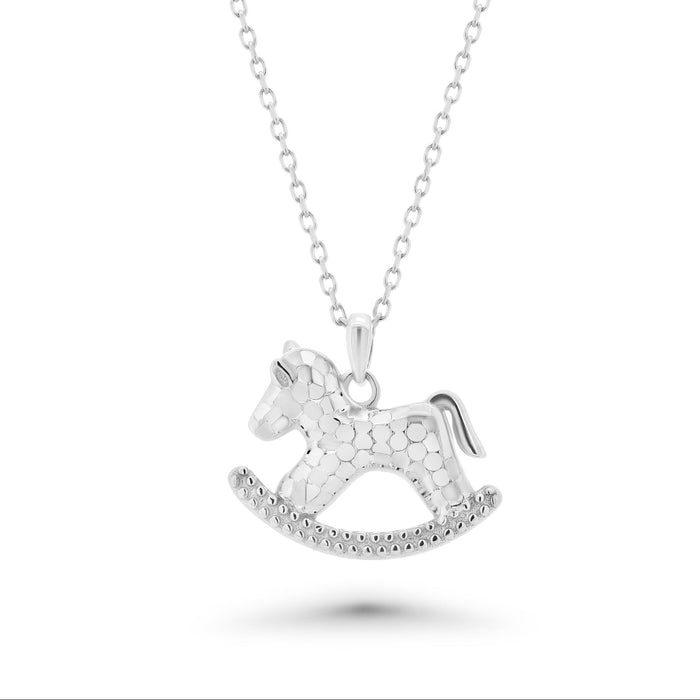 Rhodium Plated 925 Sterling Silver 17.6mm x 13.5mm Diamond Cut Rocking Horse Adjustable Necklace - TGN00004