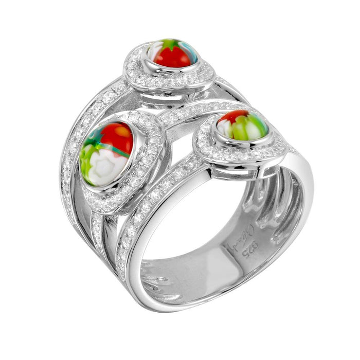 Rhodium Plated 925 Sterling Silver 3 Row 3 Round Murano Glass CZ Ring - MR00003