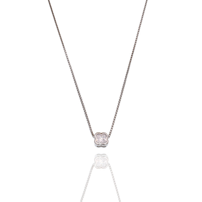 Rhodium Plated 925 Sterling Silver 5.3mm Four Leaf Clover on Adjustable Box Chain Necklace - GCP00007RH