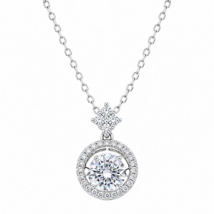 Rhodium Plated 925 Sterling Silver 6.5mm Dancing Moissanite Stone Adjustable Pendant Necklace - MDGP00008