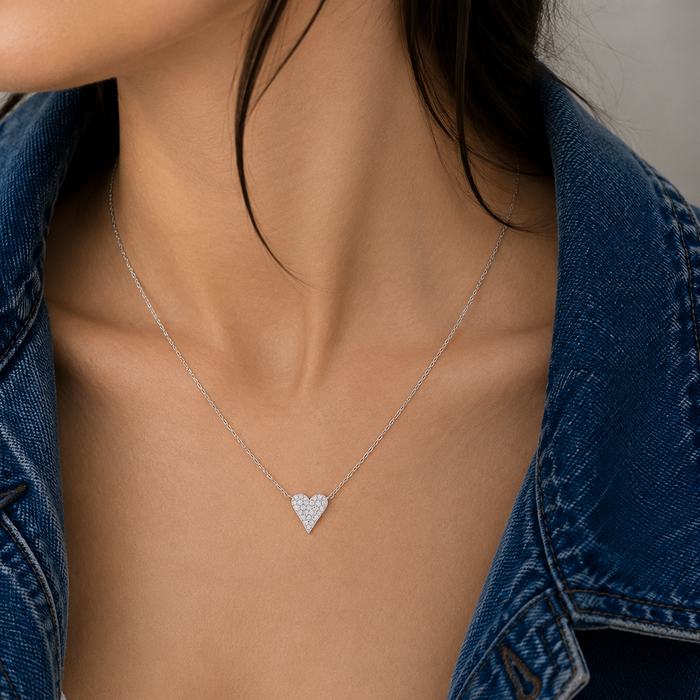 Rhodium Plated 925 Sterling Silver 8.5 mm Moissanite Pave Heart Adjustable Pendant Necklace - MDGP00009