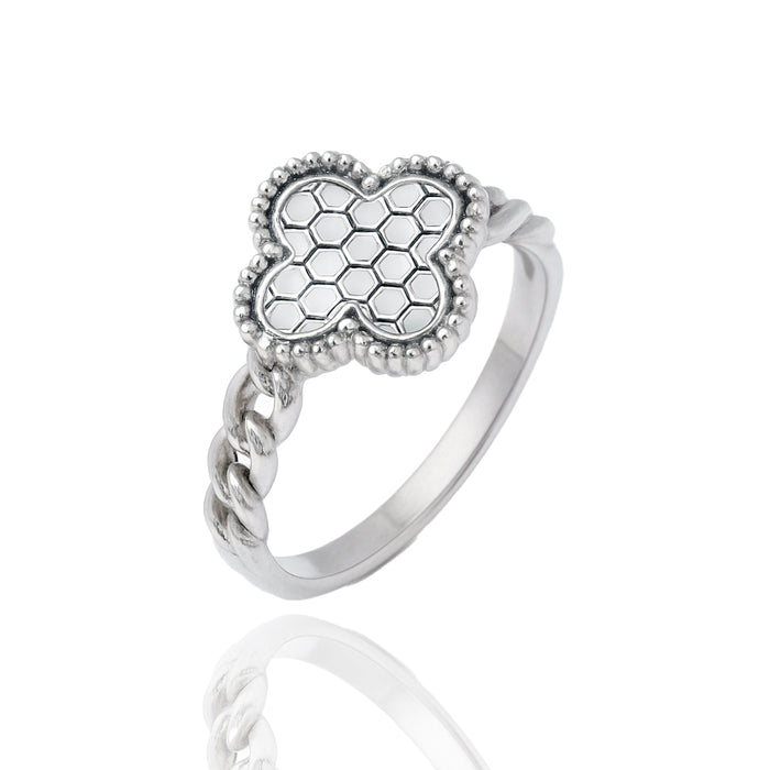 Rhodium Plated 925 Sterling Silver 8mm Clover Clear CZ Ring - GMR00445