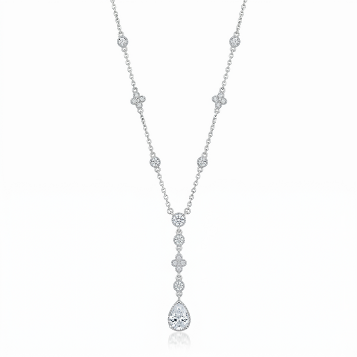 Rhodium Plated 925 Sterling Silver Bezel and Teardrop Dangle Necklace - STP00911