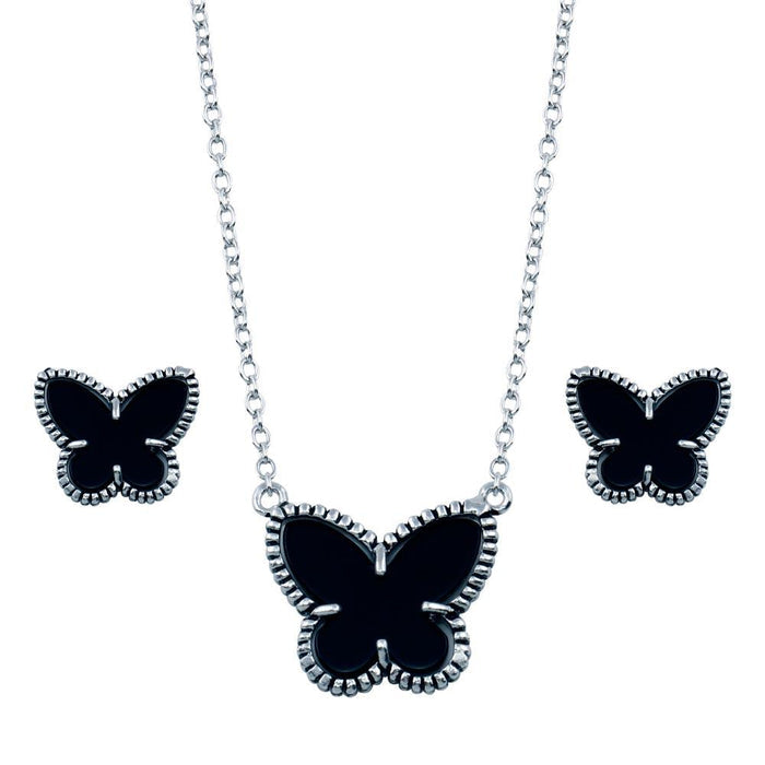 Rhodium Plated 925 Sterling Silver Black Onyx Mini Butterfly Matching Set - BGS00111 | Silver Palace Inc.