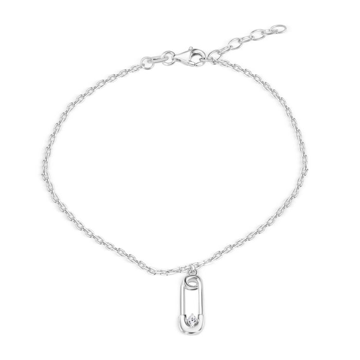 Silver 925 Rhodium Plated Cable Safety Pin Charm Clear CZ Adjustable Anklet - SOA00032 | Silver Palace Inc.