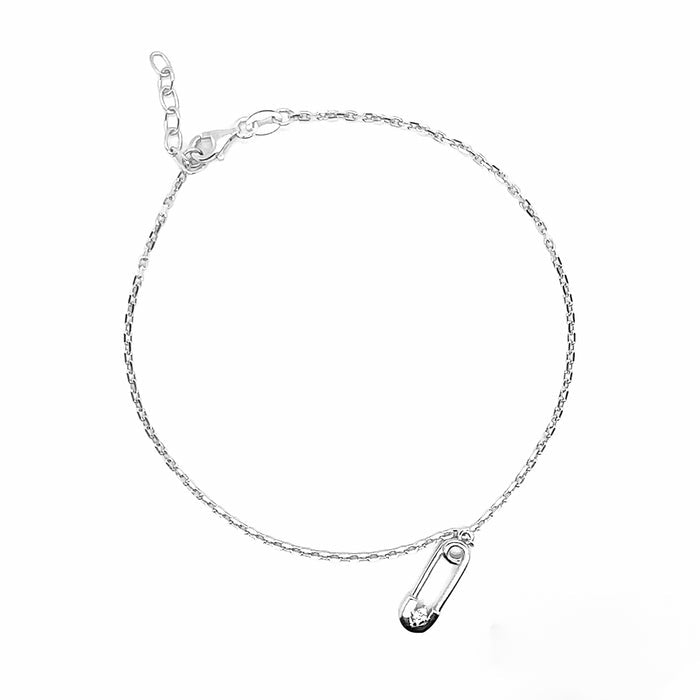 Silver 925 Rhodium Plated Cable Safety Pin Charm Clear CZ Adjustable Anklet - SOA00032 | Silver Palace Inc.