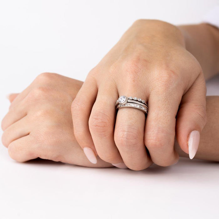 Rhodium Plated 925 Sterling Silver Channel Center CZ Stackable Ring Set - STR01125