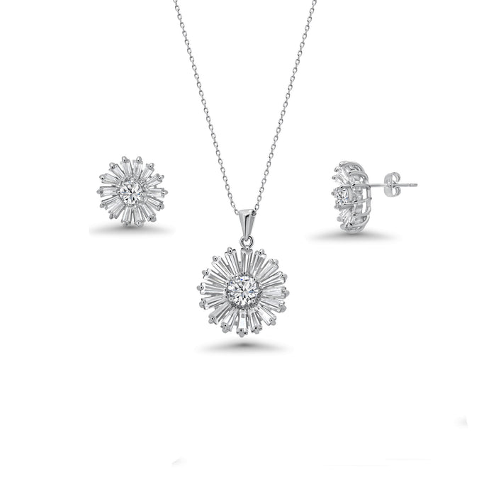 Rhodium Plated 925 Sterling Silver Clear Baguette Flower CZ Set - BGS00140 | Silver Palace Inc.