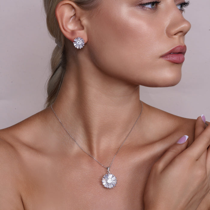 Rhodium Plated 925 Sterling Silver Clear Baguette Flower CZ Set - BGS00140 | Silver Palace Inc.