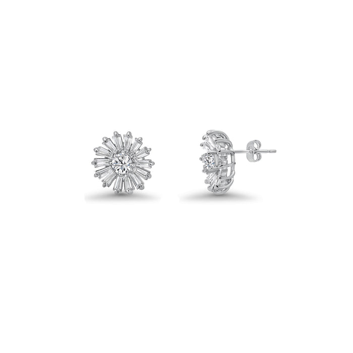 Rhodium Plated 925 Sterling Silver Clear Baguette Flower CZ Set - BGS00140 | Silver Palace Inc.