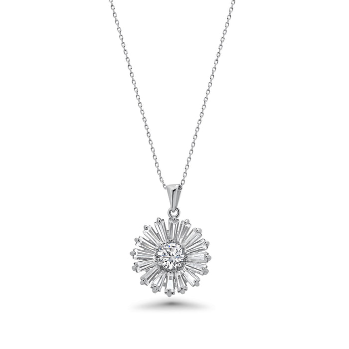 Rhodium Plated 925 Sterling Silver Clear Baguette Flower CZ Set - BGS00140 | Silver Palace Inc.