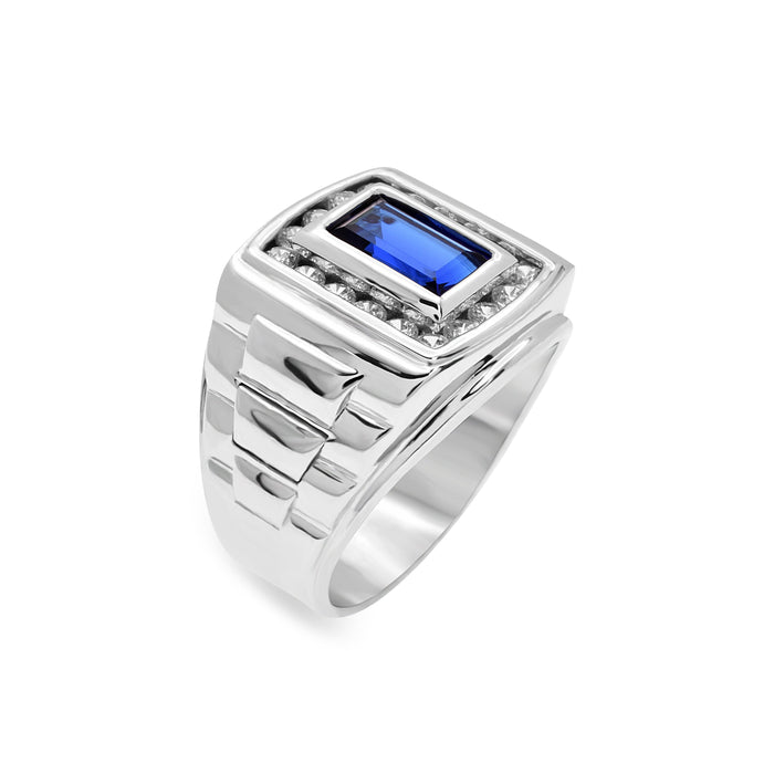 Rhodium Plated 925 Sterling Silver Clear Moissanite or CZ Men's Sapphire Baguette Ring - MGMR00411
