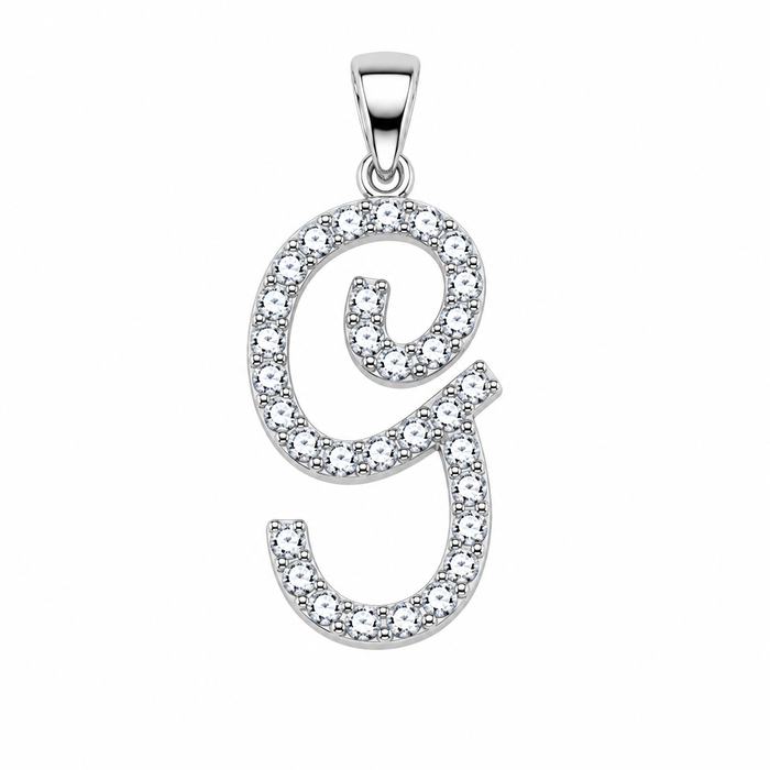 Rhodium Plated 925 Sterling Silver Cursive CZ Initial Charm Pendant -SPP00105