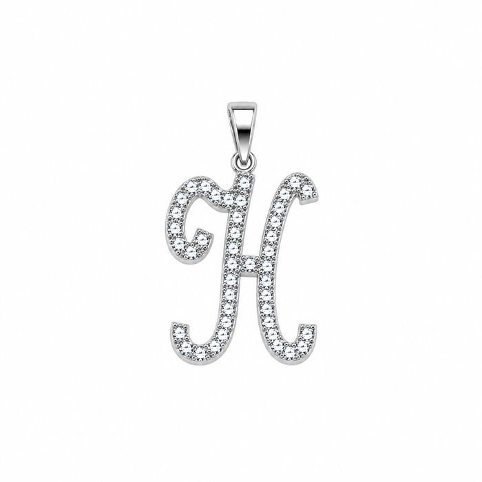 Rhodium Plated 925 Sterling Silver Cursive CZ Initial Charm Pendant -SPP00105