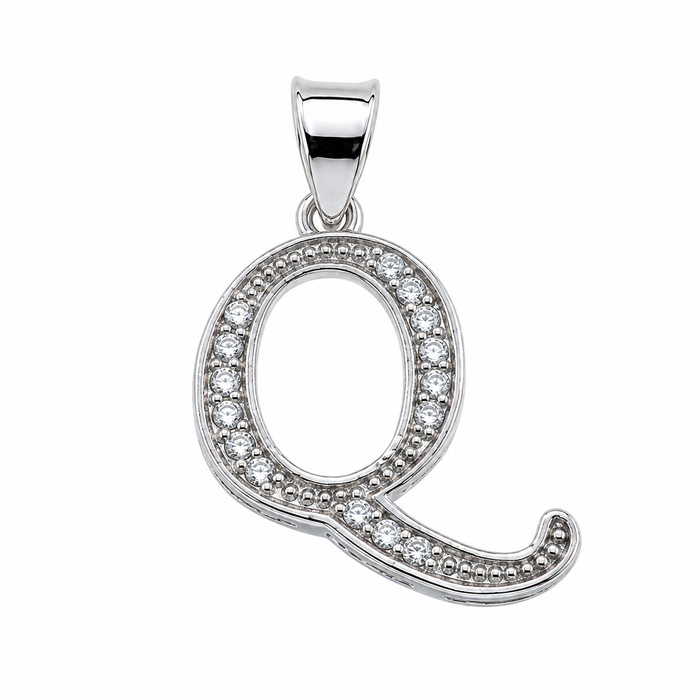 Rhodium Plated 925 Sterling Silver Cursive CZ  Initial Charm Pendant-SPP00101