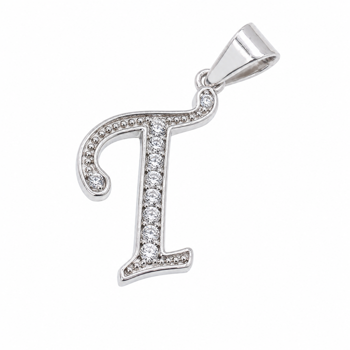 Rhodium Plated 925 Sterling Silver Cursive CZ  Initial Charm Pendant-SPP00101