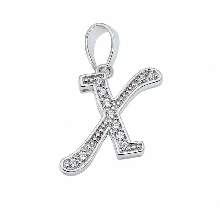 Rhodium Plated 925 Sterling Silver Cursive CZ  Initial Charm Pendant-SPP00101